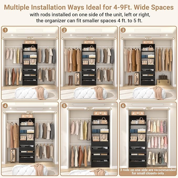 Aheaplus Closet System Set of 2, 4-9Ft Wood Closet Organizer with Drawers & Shelves, Closet Organizer System with 8 Hanging Rods, Walk-in Closets Organizer Wardrobe Closet Rack, Black