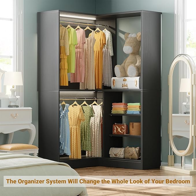 Unikito Corner Closet System, 36” Large Freestanding Closet Organizer Tower with 2 Hanging Rods and Storage Shelves, Sturdy Walk in Closet Kit for Bedroom and Entryway, 36" W x 36" D x 80" H, Black