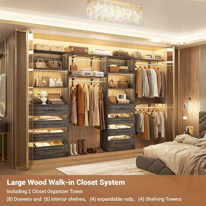 Aheaplus Closet System with 8 Wooden Drawers, Wood Closet Organizer System with Tower, Walk-in Closet Organizer Wardrobe Clothes Rack with 4 Hanging Rods, Garment Rack, Cut to Fit 7-12Ft, Black Oak1