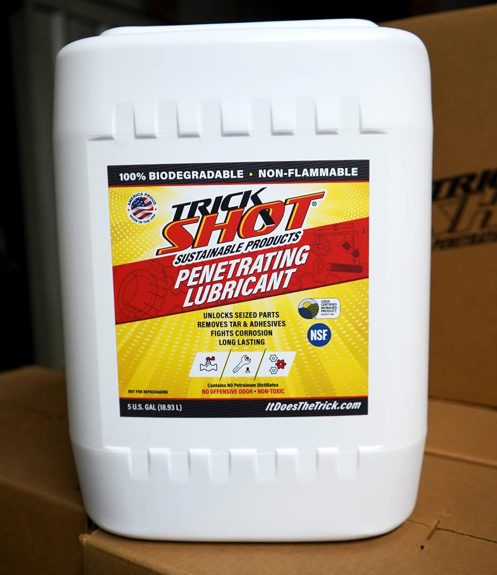 Trick Shot - 3 in 1 Penetrating Lubricant Oil - Non-Toxic, Non-Flammable & Eco-Friendly Food Grade Industrial Oil Spray - Biodegradable Anti-Seize Lubricant, Protects, Degreases & Cleans -5 Gallons