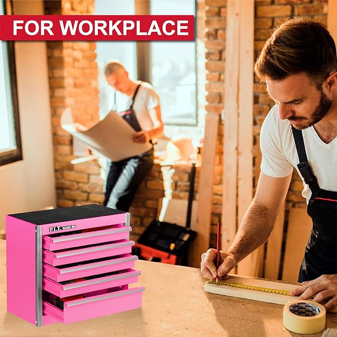P.I.T. Mini Pink Tool Box, Portable 5-Drawer Micro Roll Cab Steel Tool Box with Liner, Pink Small Tool Case for Tools Storage, Home DIY