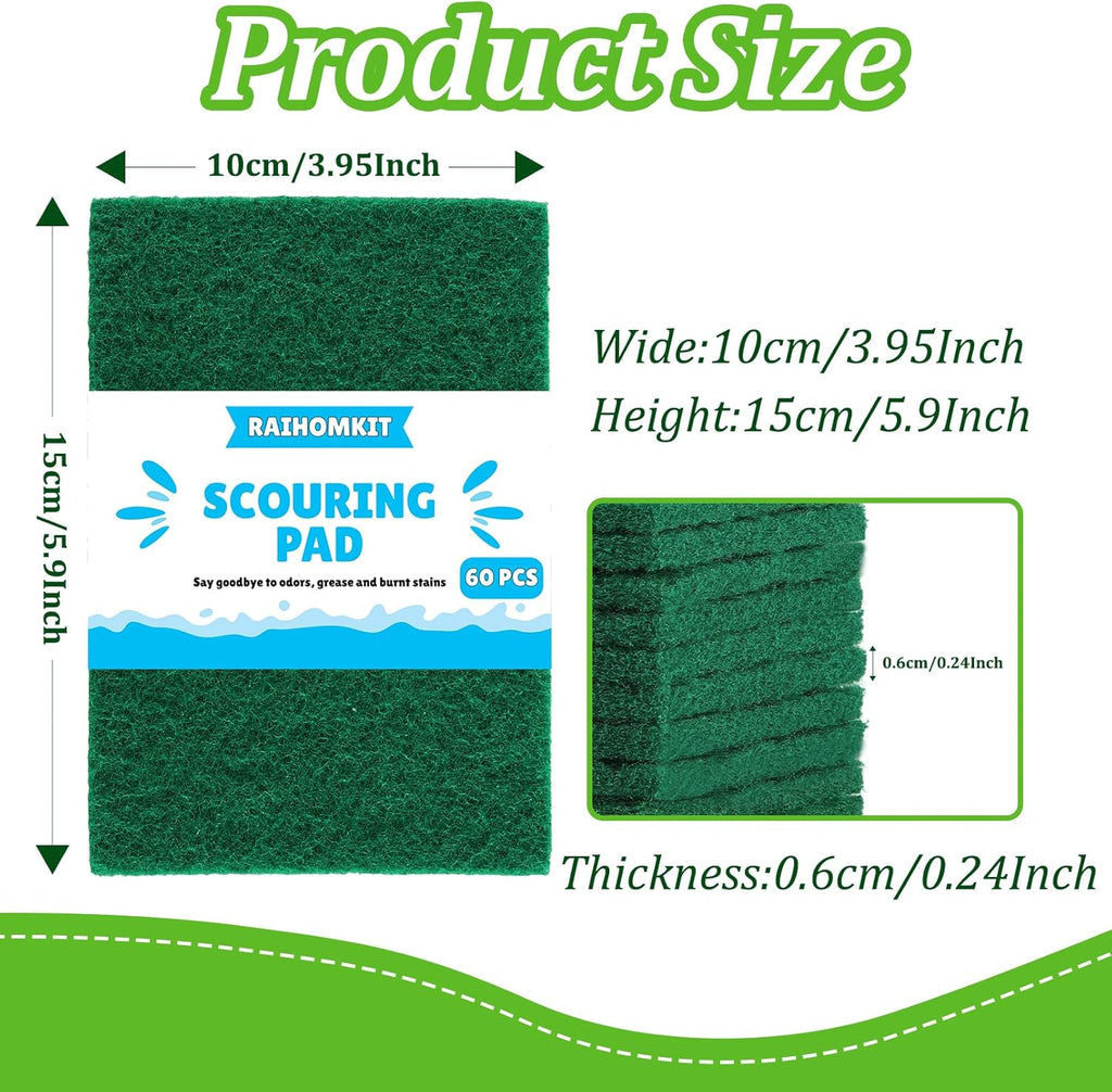 60 PCS Scouring Pads Heavy Duty, Reusable Multipurpose Scour Pads, 5.9 x 3.95 inch Household Scrub Pad for Cleaning, Green Dish Scrubber Scrubbing Pad for Dishes Sink Kitchen Metal Grills