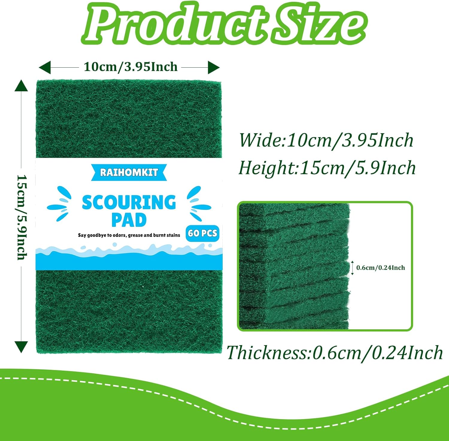 60 PCS Scouring Pads Heavy Duty, Reusable Multipurpose Scour Pads, 5.9 x 3.95 inch Household Scrub Pad for Cleaning, Green Dish Scrubber Scrubbing Pad for Dishes Sink Kitchen Metal Grills