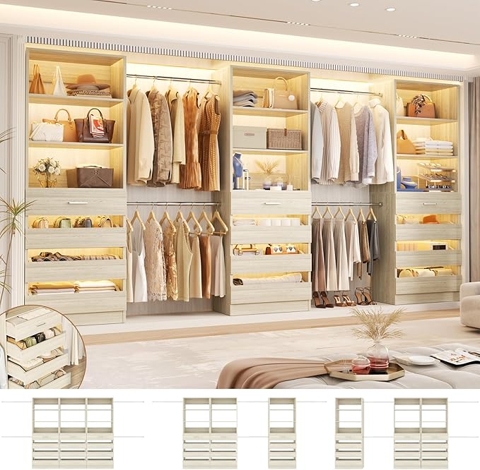 Aheaplus Closet System with 12 Drawers, 8.5-11.5Ft Wood Closet Organizer System with 4 Hanging Rods & 3 Towers, 4Ft & 6Ft L-Shaped Walk-in Closets Wardrobe Organizer Clothes Rack, Set of 3, White Oak