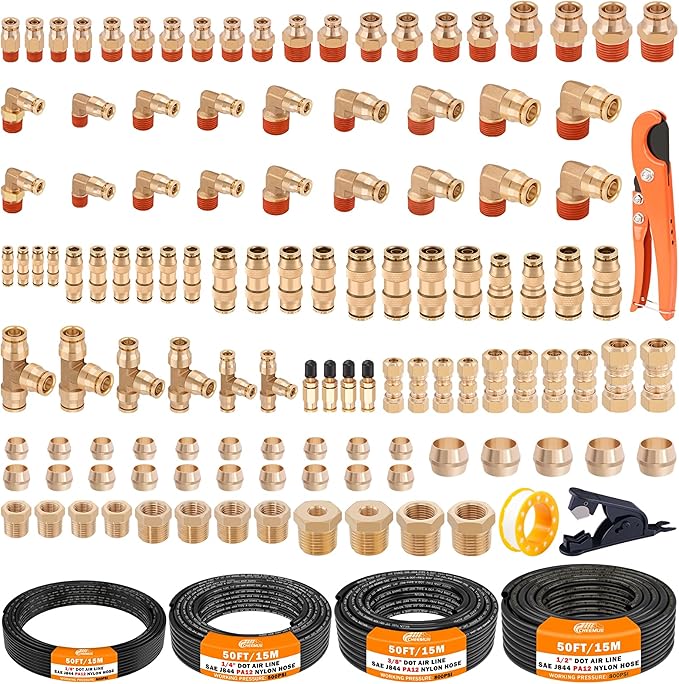 CheeMuii 124 PCS Brass DOT Air Line Fittings with 4 Roll 100FT 1/8" 1/4" 3/8" 1/2" DOT Air Lines Kit Push Lock Air Fitting Quick Connect Air Fittings with Air Hose Pneumatic Tubing