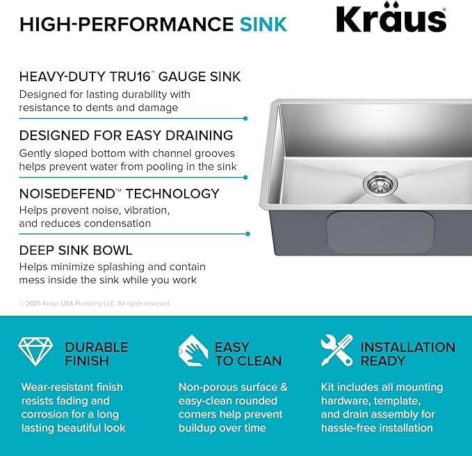 KRAUS Standart PRO 28-inch 16 Gauge Undermount Single Bowl Stainless Steel Kitchen Sink, KHU100-28