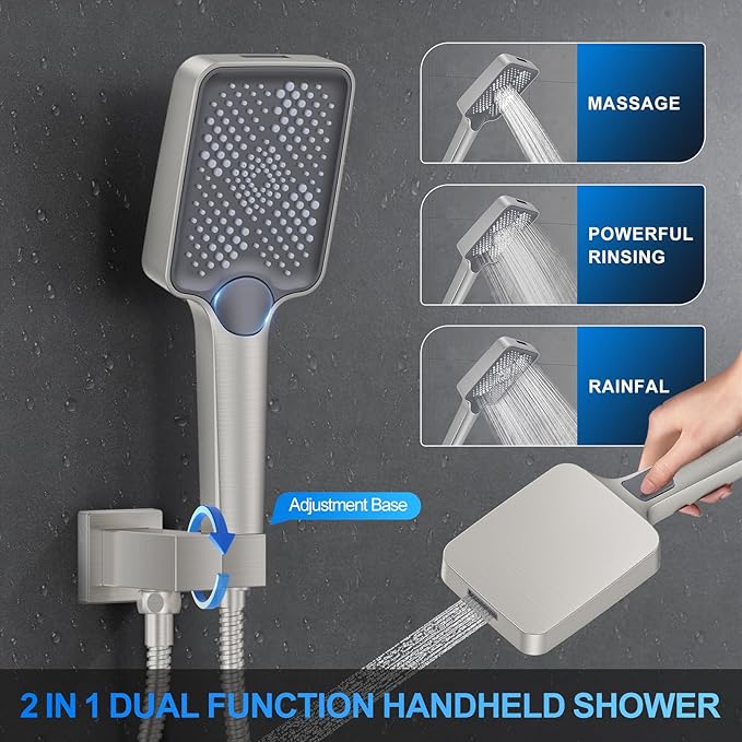 Shower Faucet Set, 10" Wall Mount Rainfall Shower System with 2 Rain Shower Head and Multi-function Handheld Head Push Button Diverter Shower Faucet Trim Kit Brushed Nickel