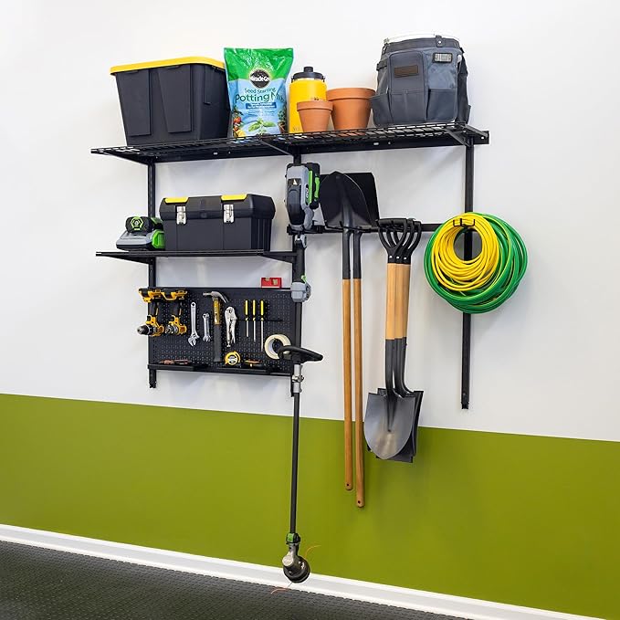 StoreYourBoard G-Tool Pro Storage System, Adjustable Garage Wall Mount Organizer With Pegboard & Shelf, Yard Shovel Rake Holder, Holds 500 Lbs