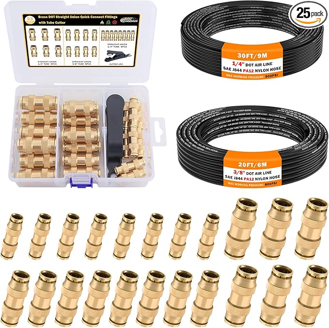 CheeMuii 23 PCS Brass DOT Air Line Fittings with 30FT 1/4" and 20FT 3/8" DOT Air Line Kit Push Lock Quick Connect Fittings with Pneumatic Tubing Set
