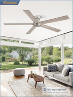 60 Inch low profile ceiling fan, Brushed Nickel Large Ceiling Fan no Lights, 6-Speeds, Quiet Reversible DC Motor, Indoor/Outdoor Ceiling Fans no light for Patios, Living Room, Bedroom