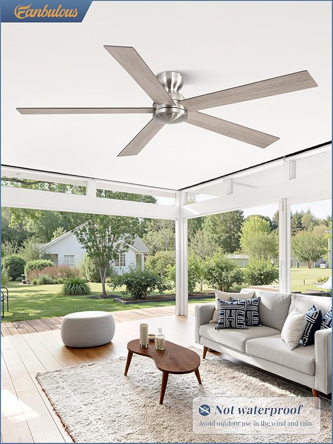60 Inch low profile ceiling fan, Brushed Nickel Large Ceiling Fan no Lights, 6-Speeds, Quiet Reversible DC Motor, Indoor/Outdoor Ceiling Fans no light for Patios, Living Room, Bedroom