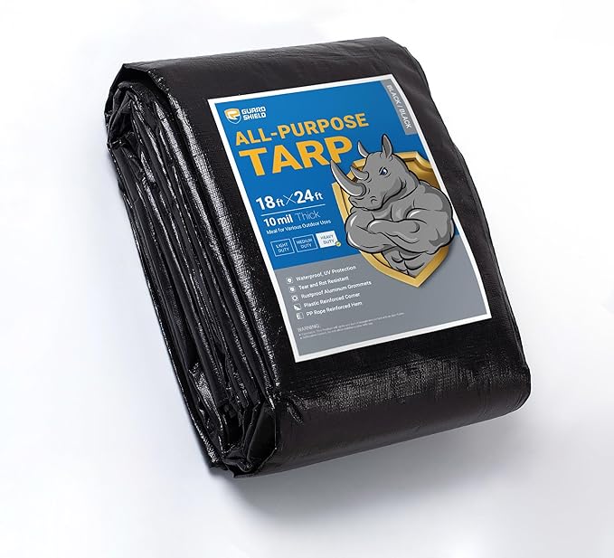 GUARD SHIELD Tarps Heavy Duty Waterproof 18x24 Feet Black Poly Tarp Cover Square Outdoor Thick UV Resistant Tarpaulin with Grommets 10mil