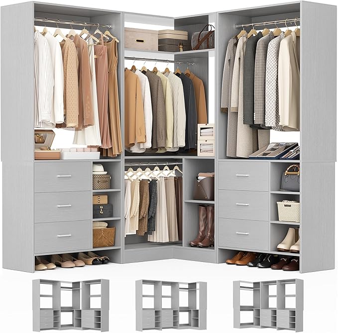 Aheaplus Closet System with 6 Drawers, 4 Hanging Rods & Corner Tower, Corner Closet System with Hanging,92.6" L-Shaped Walk-In Wardrobe Organizer, 2000+ lbs Capacity, Set of 3, Grey