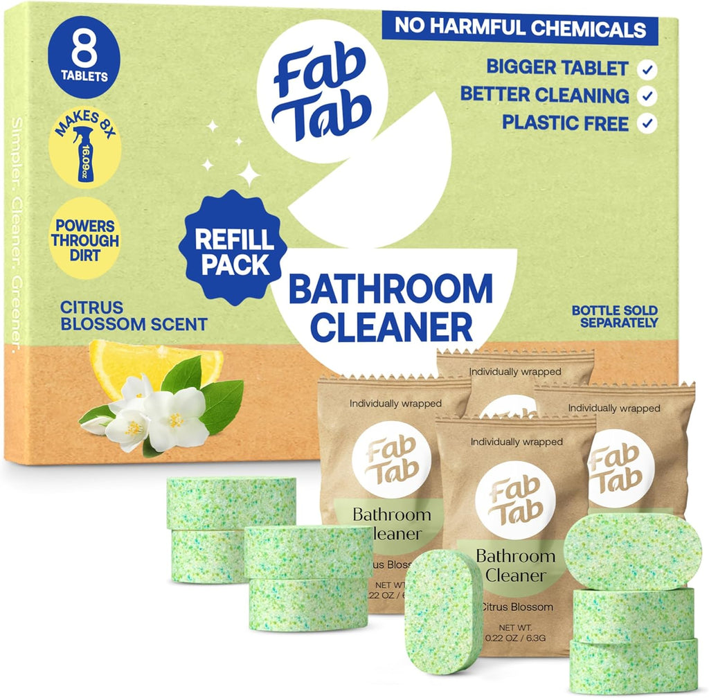 Fab Tab Bathroom Cleaner, Eco-Conscious Cleaning Tablets for Sparkling Bathrooms, Powerful Grime Remover, Citrus Scent, No Harmful Chemicals, Economical Refills - 8 Tablets (bottle not included)