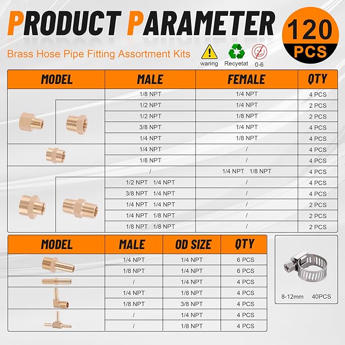 120Pcs Hose Pipe Fitting & Hose Barb Fitting Kit, 48Pcs Hose Pipe Fitting & 32Pcs Hose Barb Fitting & 40Pcs Hose Clamp, Hex Nipple, Reducing Bushing, NPT Adapter, Adapter, Union