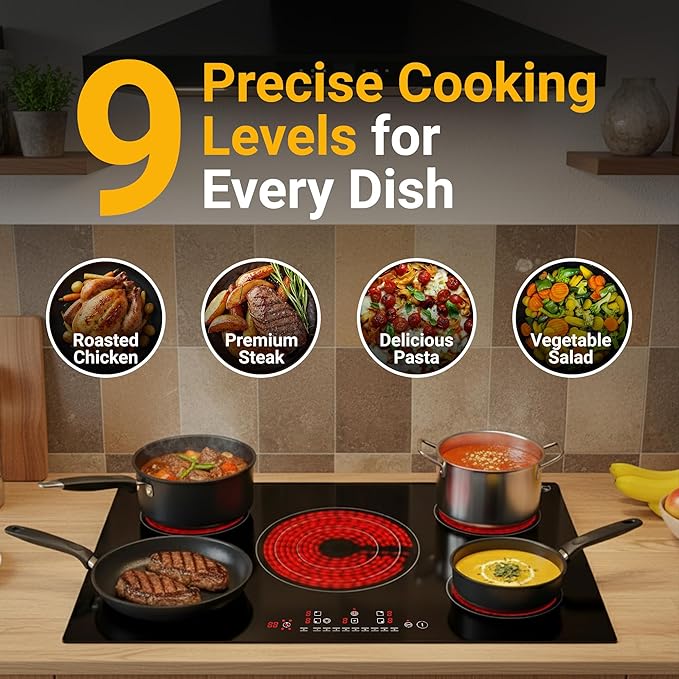 K&H 5 Burner 36 Inch Built-in Electric Stove Top Radiant Ceramic Cooktop Touch Control 240V 9600W CE36-10208