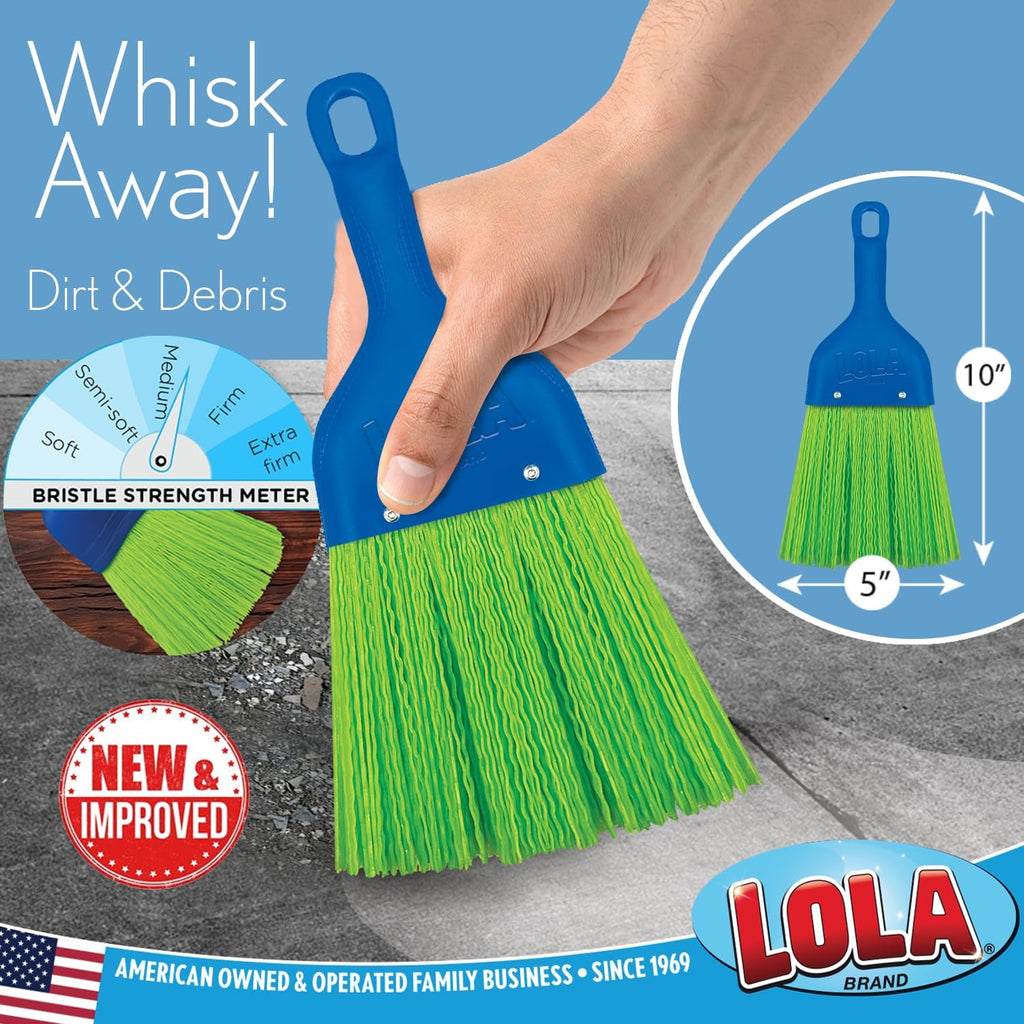 LOLA Heavy Duty Whisk Broom, Hand Brush, Durable Bristles, Whisks Away Dirt & Debris, Compact, Hang Hole for Easy Storage, Indoor/Outdoor, 1 Pack