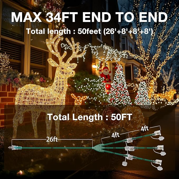 addlon 50FT Christmas Outdoor Extension Cord with Multiple Outlets, 1 to 3 Splitter with 6 Outlets, 16/3 SJTW Weatherproof Power Cable for for Outdoor Lights and Holiday Decorations, ETL Listed, Green