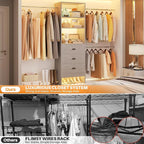 Homieasy 96 Inches Closet Organizer System, 8FT Customizable Walk In Closet Organizer with Hanging Rods, 3 Drawers Garment Rack with Leather Handle , 96" L x 16" W x 75" H, Max Load 1000 LBS, Grey