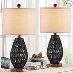 Touch Control Rattan Table Lamps, 3 Way Dimmable Bedside Lamps for Bedroom Set of 2 with 2 USB Ports and AC Outlet, Black Wicker Nightstand Lamps for Living Room (LED Bulbs Included)