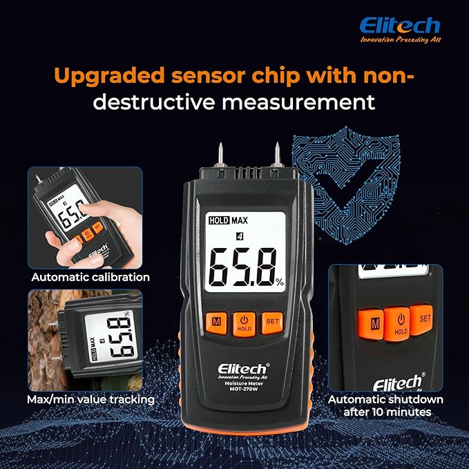 Elitech Digital Moisture Meter Water Leak Detector with Pin Probes, Moisture Tester for Wood Floors Walls with 4 Wood & Material Modes, Hold Function, Max/Min Reading MOT-270W
