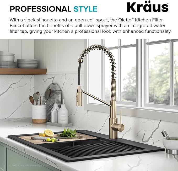 KRAUS Oletto 2-in-1 Commercial Style Pull-Down Single Handle Water Filter Kitchen Faucet for Reverse Osmosis or Water Filtration System in Spot-Free Antique Champagne Bronze, KFF-2631SFACB