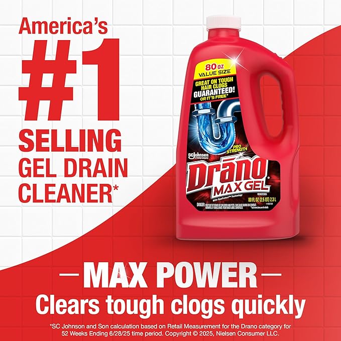 Drano Max Gel Drain Clog Remover and Cleaner for Shower or Sink Drains, Unclogs and Removes Hair, Soap Scum and Blockages, 80 Oz, Pack of 2