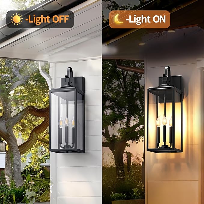 24" Extra Large Outdoor Wall Light 2 Packs, Black Exterior Lighting Fixtures Outdoor Porch Lantern Wall Mounted, Waterproof Modern Outside Wall Sconce, E12 3-Light Coach Lamp for House Patio Garage