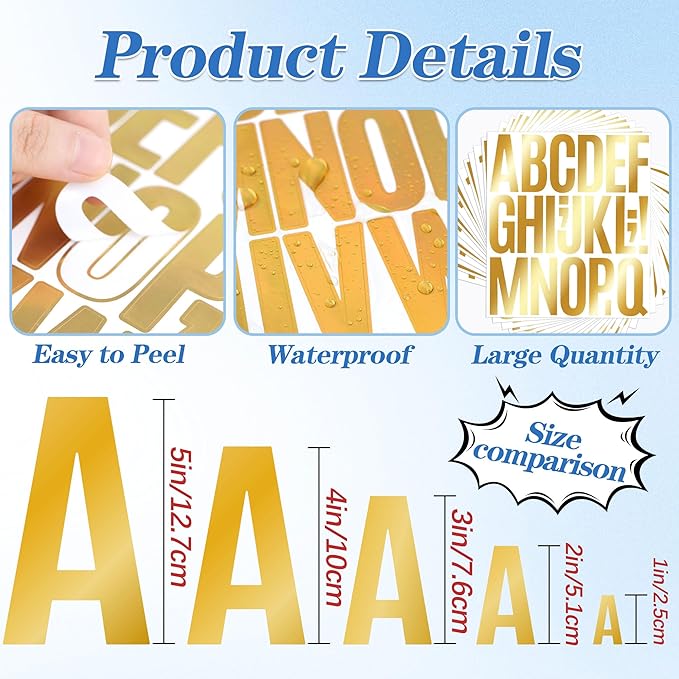910 PCS 42 Sheets Letter Stickers Large Mailbox Numbers and Letters Self Adhesive Vinyl Waterproof Custom Alphabet Number Stickers for Mailbox Address, DIY Crafts, Door, Windows Decor (3 Inch,Gold)