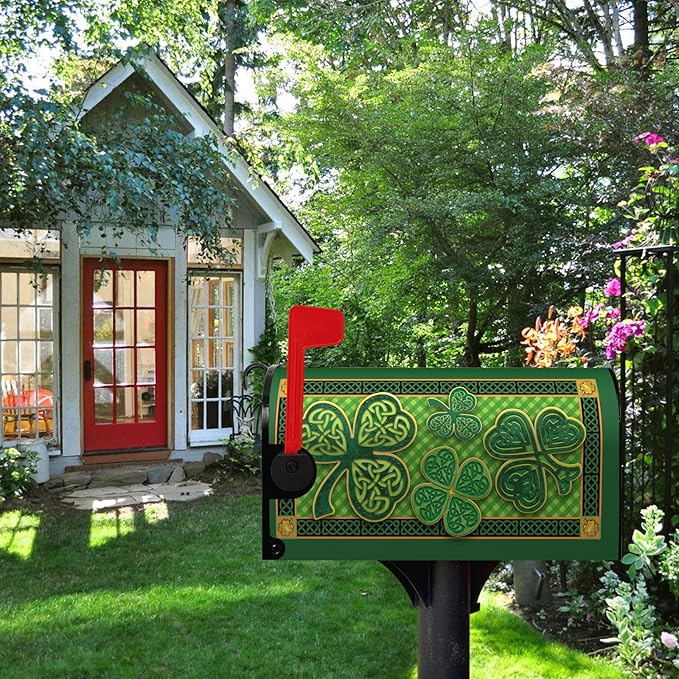 St Patrick Day Mailbox Covers Magnetic Large Size Green Shamrocks Clover Mailbox Cover Oversized Wraps Happy St. Patrick's Day Mailbox Post Cover Waterproof Garden Decor 25.5x21 Inch