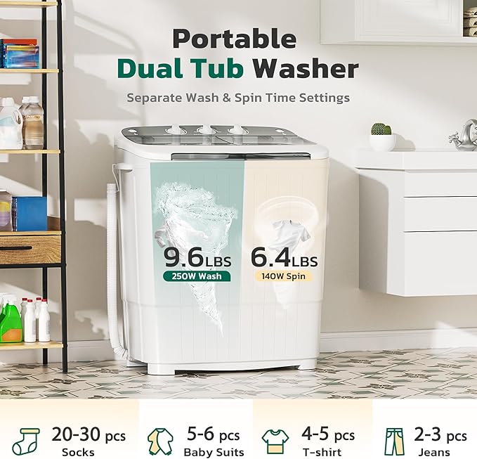 Greenvelly Portable Washing Machine, 16 Lbs Compact Mini Washer and Dryer Combo, Semi-automatic Twin Tub Washer with Drain Pump for Dorms, Apartments, RVs (Grey)