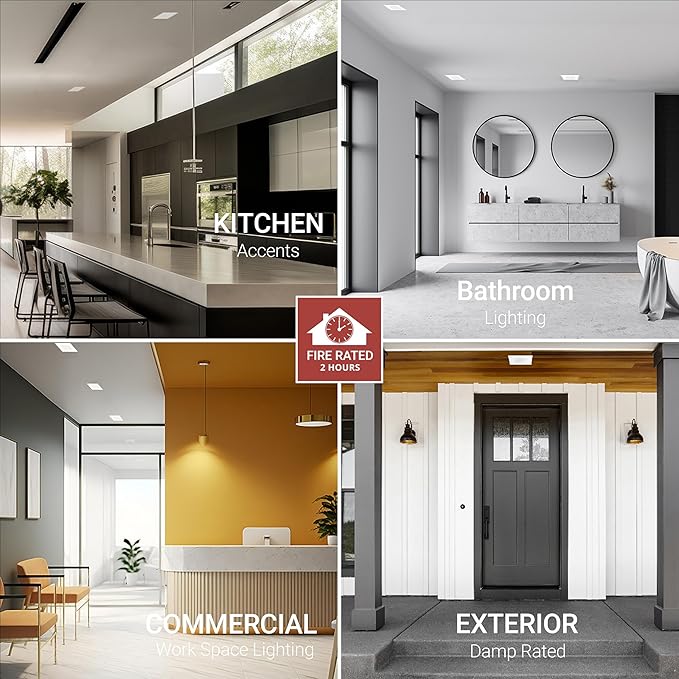 NUWATT 6" Fire Rated Recessed Light, 90 CRI Wafer Lights 6 Inch, 5CCT 2700K/3000K/3500K/4000K/5000K, 15W, Dimmable 1200LM, Wet & IC Rated LED Square Recessed Lighting, No Tenmat Needed, ETL, 6 Pack