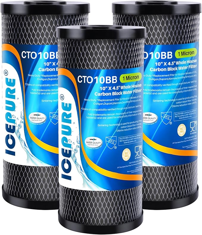 ICEPURE 10"X4.5",1 Microns Whole House Sediment Activated Carbon Water Filter Compatible with Dupont WFHDC8001,EP Series,EPM Series,CB-BB-10, GE FXHTC, GXWH40L, GXWH35F, GNWH38S, CTO10BB,3PACK