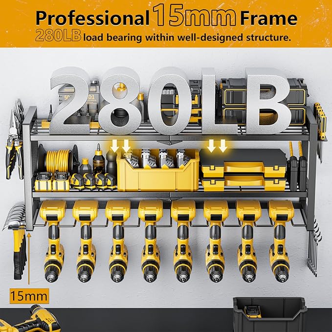 Power Tool Organizer - 3 Layer 8 Drill Holder Wall Mount, Storage Rack for Garage Organization, Large Tool Shelf, Gifts for Him Men Dad Husband Anniversary Fathers Day, Cool Gadget Stocking Stuffer