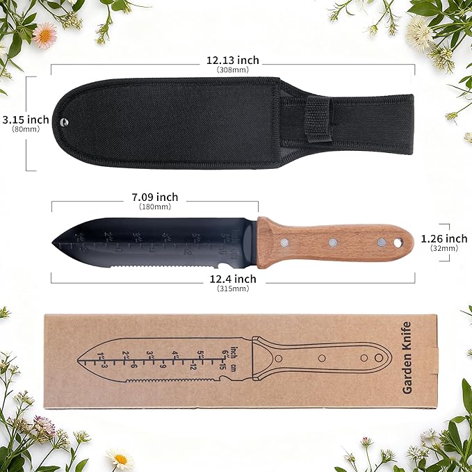 WILLKOMMEN Hori Hori Garden Knife- Garden Tools with Rugged Oxford Cloth Sheath, 7" Stainless Steel Blade for Digging, Weeding & Planting Full Tang Beechwood Handle (Pointed Tip)
