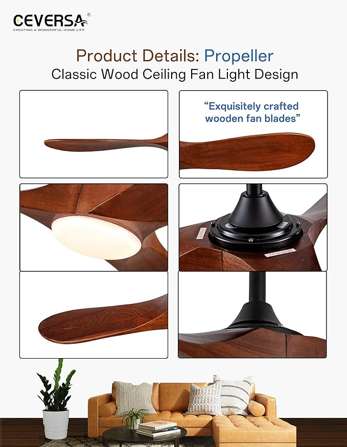 52 Inch Ceiling Fans with Lights and Remote,Solid Wood Indoor/Outdoor Ceiling Fans for Patios,Memory Function,Quiet DC Motor High CFM,Propeller 3 Blades for Porch,Farmhouse,Walnut