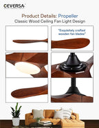 52 Inch Ceiling Fans with Lights and Remote,Solid Wood Indoor/Outdoor Ceiling Fans for Patios,Memory Function,Quiet DC Motor High CFM,Propeller 3 Blades for Porch,Farmhouse,Walnut