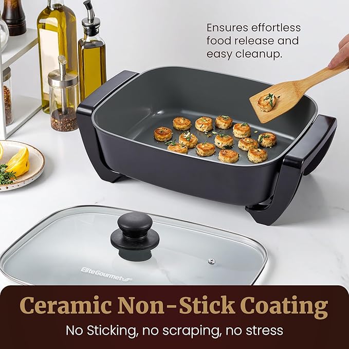 Elite Gourmet EG2615 15" x 12" x 4” Electric Skillet, Durable Xtra Deep Dish, PFAS Free Ceralast™ Ceramic Non-stick, 1500W Rapid Heat, Tempered Glass Vented Lid, Dishwasher Safe, 12.5 Qt., Black/Gray