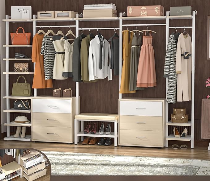 Aheaplus 8FT Closet Organizer Systems with 6-Drawers, 96'' Wood Closet Organizer with Storage for Walk in Closets, Clothing Rack Wardrobe Closet Garment Rack for Hanging Clothes, Bedroom, White Oak