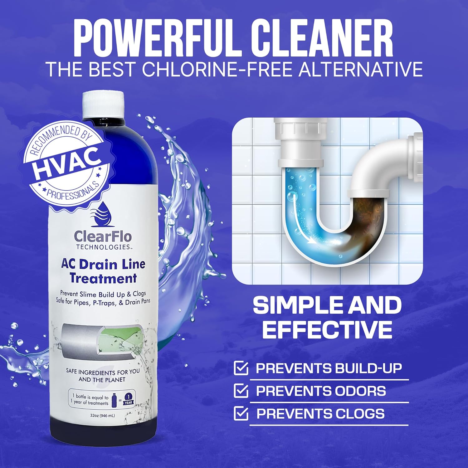 AC Drain Line Treatment 32 oz | Up to 1 Year Supply | Chlorine Free Non Toxic Formula with Natural Tea Tree Oil | Simple 3 Ingredient Solution | Safe for Homes and Institutions
