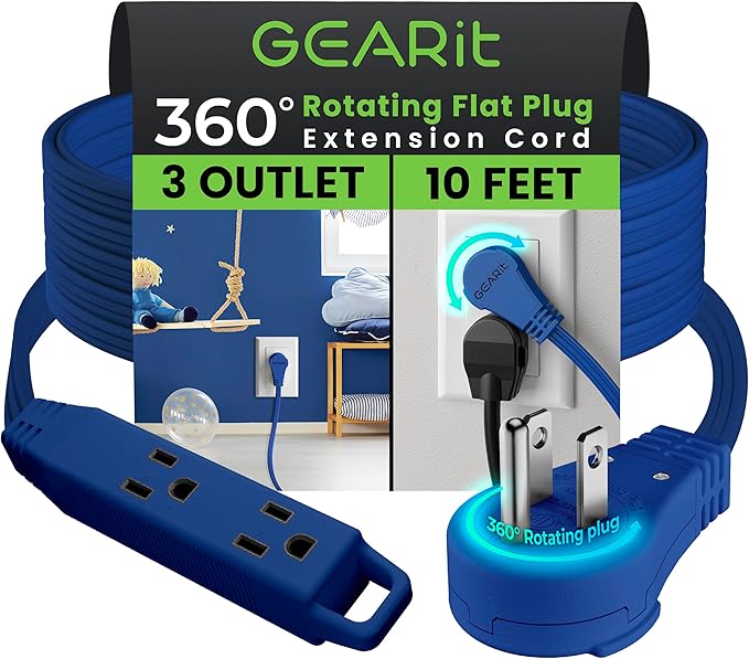 GEARit 360 Rotating Flat Plug Extension Cord with 3 Outlets (10ft, Navy) 16AWG/13A 3 Prong Wire, Outlet Saver for Home Office Dorm Room Essentials, ETL Certified