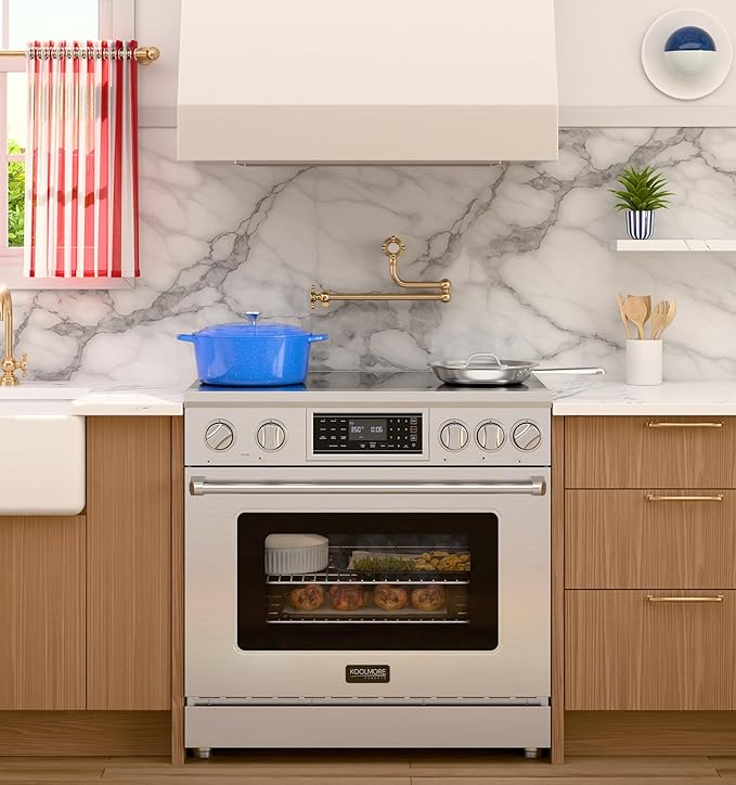 KoolMore 36 in. Professional Induction Oven Range with 11 Kw, Polished Glass Ceramic Cooktop, 7.8 Kw True Convection Oven, 6 Cu. Ft. Capacity, 240 Volts, CSA Certified in Stainless-Steel