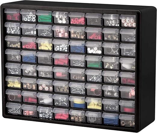 Akro-Mils 64-Drawer Plastic Drawer Storage Cabinet for Garage Organization, Bead Organizer, Building Bricks Storage, Teacher Toolbox, Makeup Organizer, 20-Inch W x 6-Inch D x 16-Inch H, 10164 Black