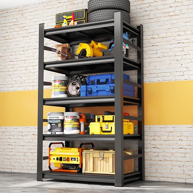 Garage Shelving Units, Heavy Duty 5-Tier Storage Shelves, Metal Adjustable Storage Rack, Steel Shelves, 2750 lbs Capacity, Industrial Shelving for Heavy Tools (Black, 17.99"Dx35.43"Wx77.95"H, 5-tier)