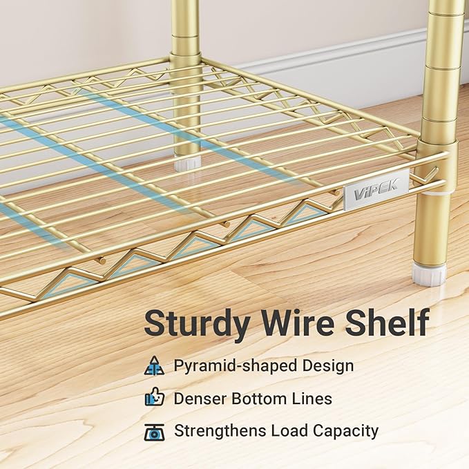 VIPEK R2 Plus Rolling Clothes Rack for Hanging Clothes Heavy Duty Garment Rack 3 Tiers Adjustable Wire Shelving Clothing Racks with Double Hanging Rods, Closet Organizers and Storage, Gold