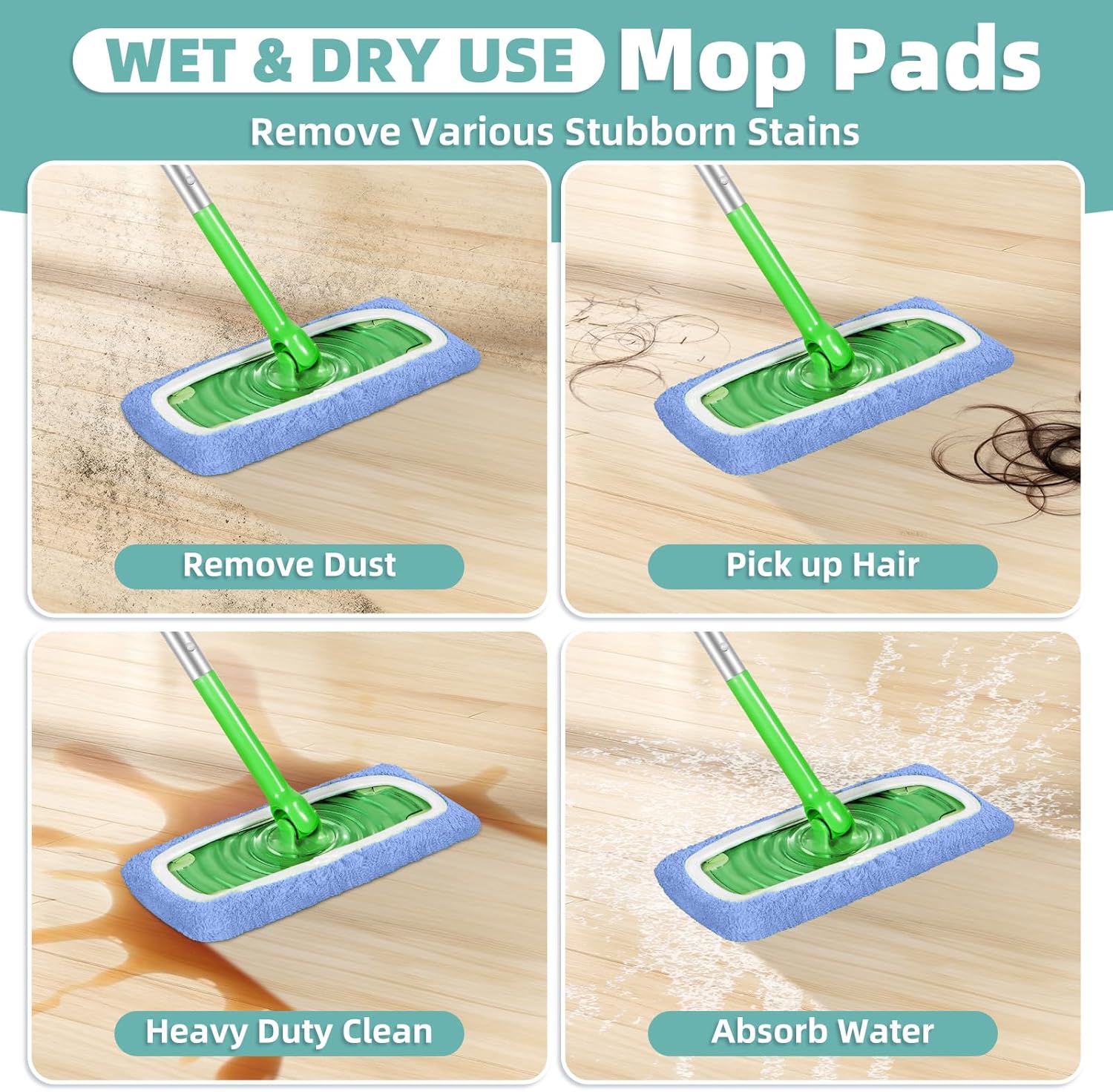 Reusable Mop Pads Compatible with Swiffer Sweeper Mop, Microfiber Dry Sweeping Cloths & Machine Washable Wet Pads Refill for Use on All Sealed Floors - Stone, Hardwood, Laminate & Tile (10 Blue)