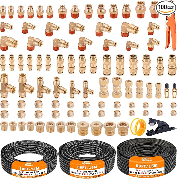 CheeMuii 100 PCS Brass DOT Air Line Fittings with 3 Roll 50FT 1/4" 3/8" 1/2" DOT Air Lines Kit Push Lock Air Fitting Quick Connect Air Fittings with Air Hose Pneumatic Tubing