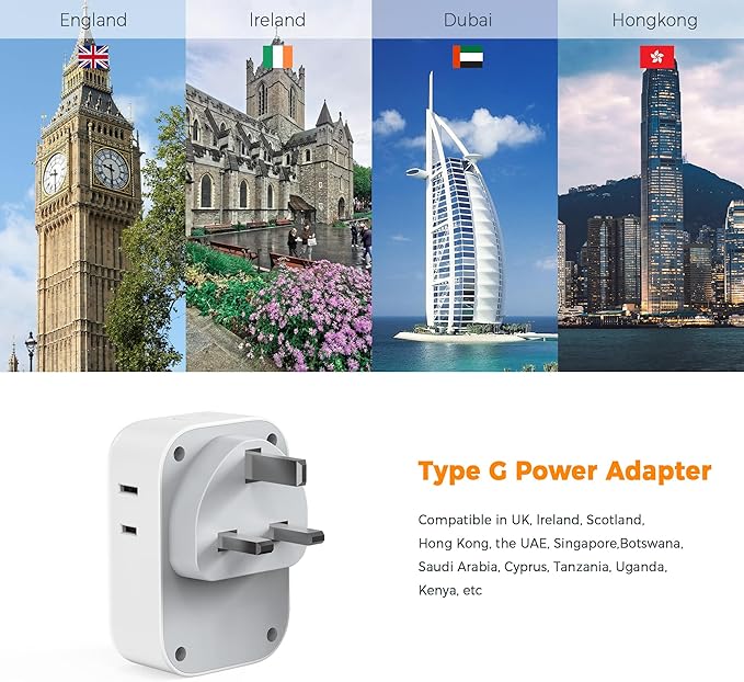 TESSAN US to UK Plug Adapter, Type G Travel Adaptor with 4 Electrical Outlets 3 USB Ports (2 USB C), Ireland Power Adapter for USA to England London Scotland Dubai Singapore Qatar Kenya British