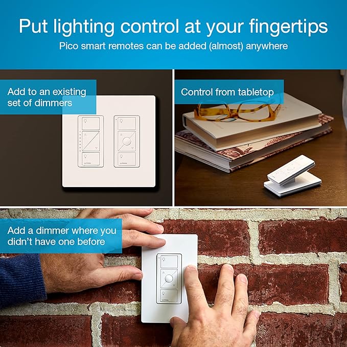 Lutron Caseta 3 Way Smart Dimmer Light Switch Kit, Includes Pico Remote, Bracket, and LED Dimmer Switch, No Neutral Required, P-PKG1WB-WH