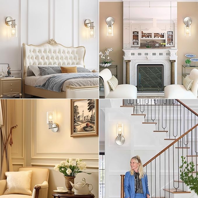 DLLT Wall Sconces Set of Two: Modern Bathroom Vanity Light Fixtures - Nickel Vanity Lights with Clear Glass Shade - Farmhouse Wall Lamp for Bedroom Living Room Mirror Hallway Kitchen